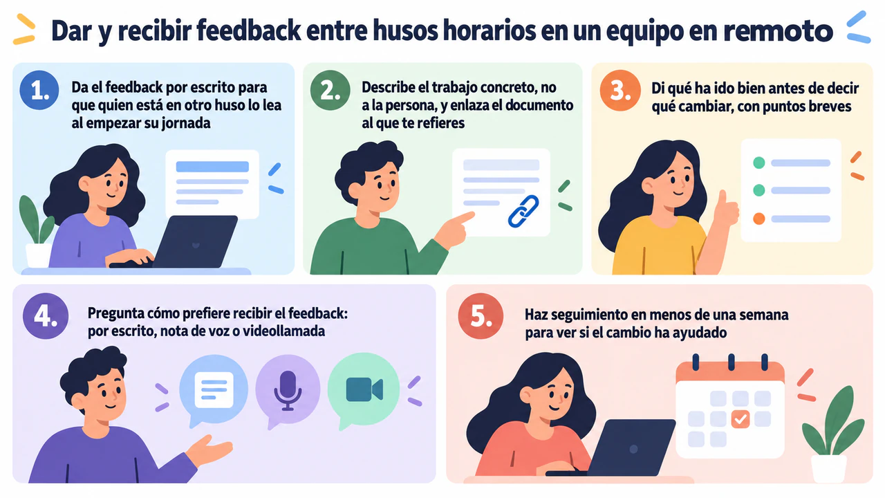 Infografía de consejos de comunicación o escucha activa: Cinco consejos largos sobre feedback, sin situación ni frases