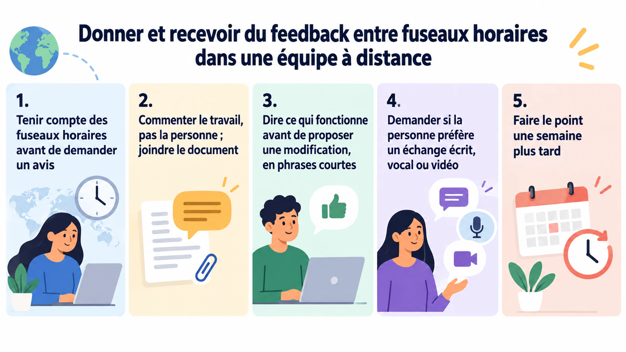 Infographie de conseils de communication ou d’écoute active : Cinq longs conseils sur le feedback, sans contexte ni phrases