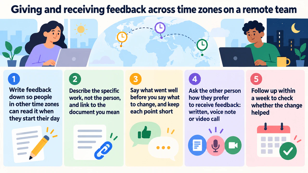 Communication or active listening tips infographic: Five long feedback tips with no situation and no phrases
