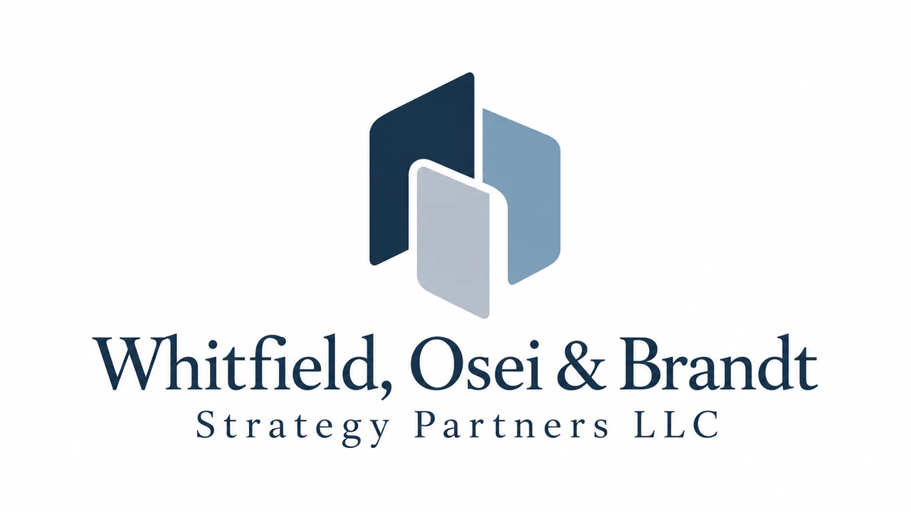 Consulting firm logo concept: Partnership name with commas and an ampersand, style, colors and monogram left empty