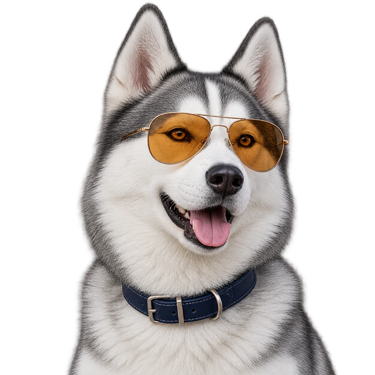 A confident dog avatar: A white husky with amber glasses