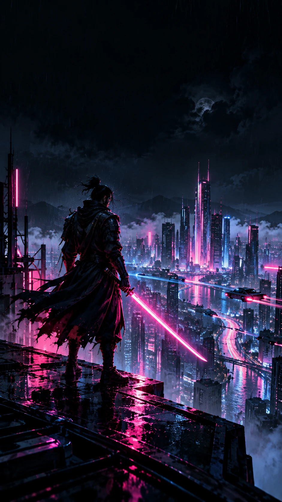 Neon phone wallpaper with deep shadows: Detailed character scene with no color or darkness direction
