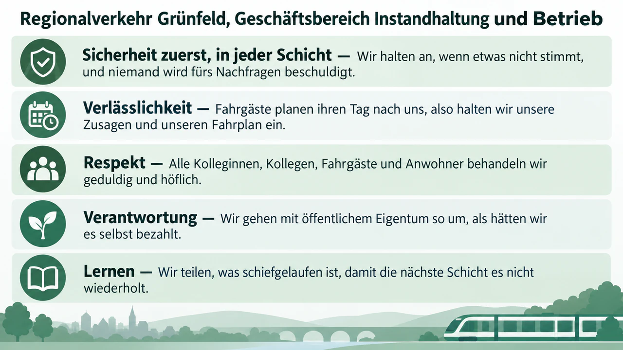 Poster mit euren vereinbarten Unternehmenswerten: Fünf lange Werte, ein langer Bereichsname und weder Überschrift noch Farben