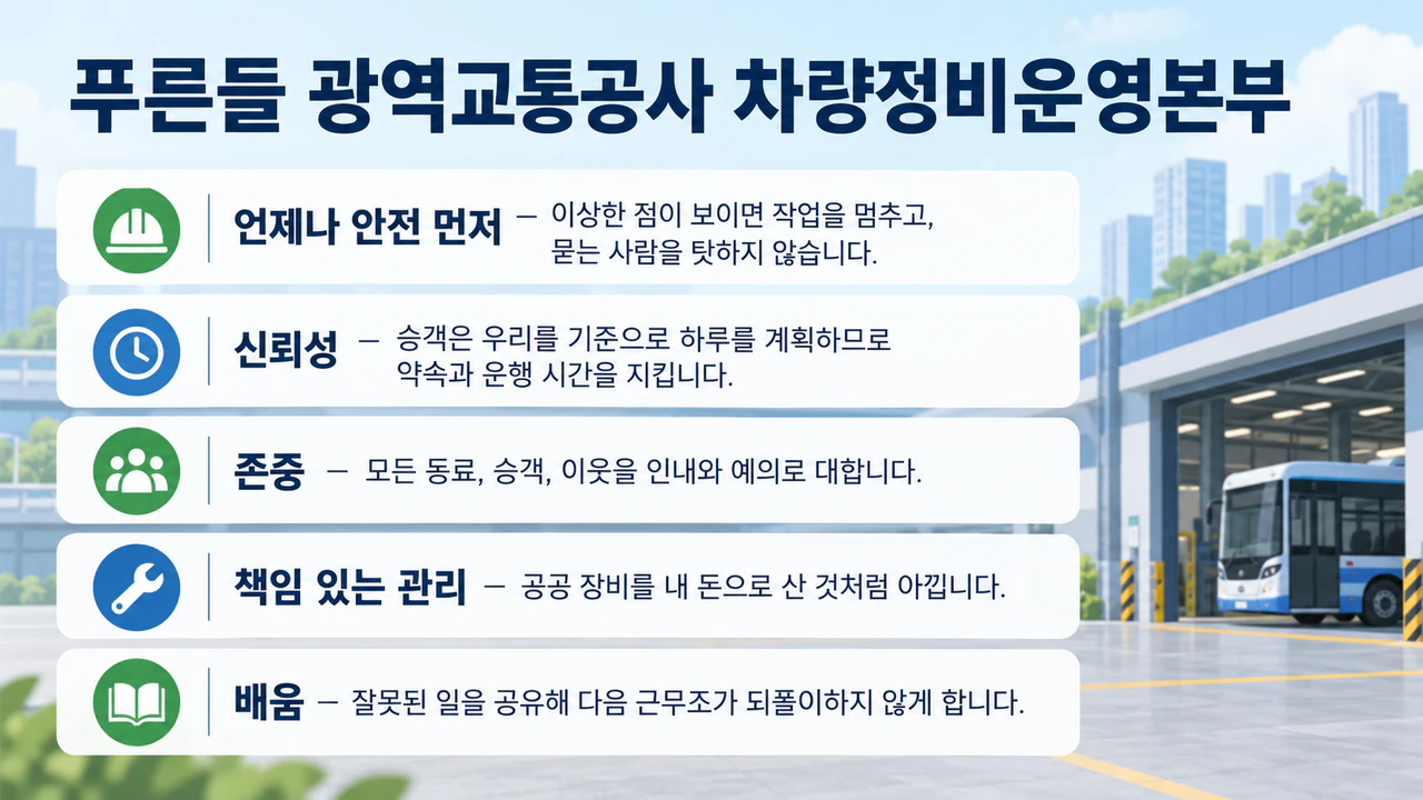 확정된 문구로 만드는 기업 핵심 가치 포스터: 긴 가치 5개, 긴 부서명, 제목과 색상 없음