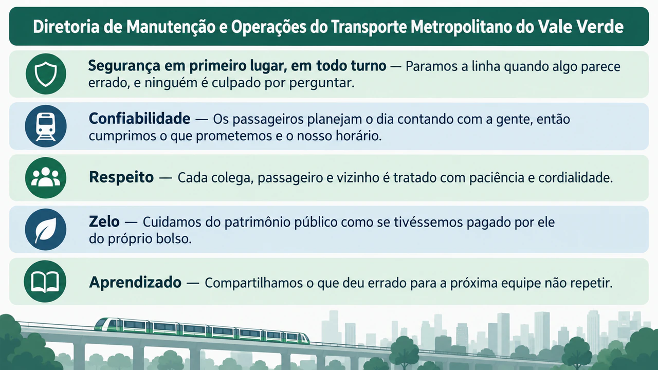 Cartaz de valores da empresa com a redação aprovada: Cinco valores longos, nome longo de diretoria e sem título nem cores