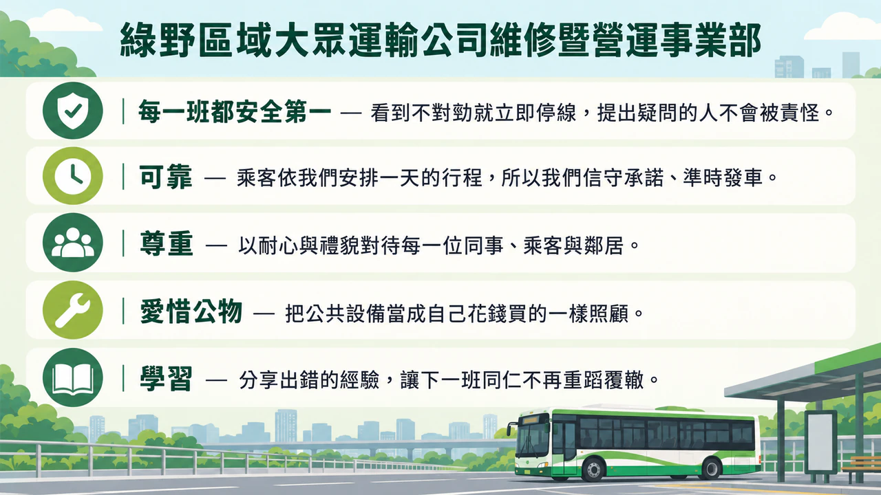 用團隊定稿文案製作核心價值海報：五項說明較長的價值、很長的部門名稱，沒有標題或配色