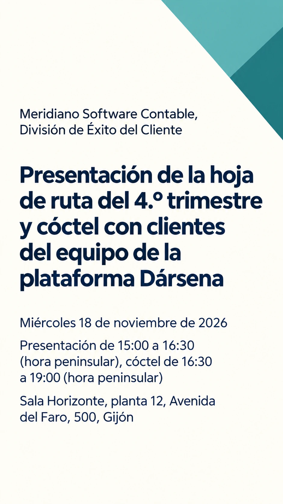 Invitación a evento o cena de empresa: Nombre largo de presentación y cóctel con zona horaria, sin código de vestimenta ni confirmación
