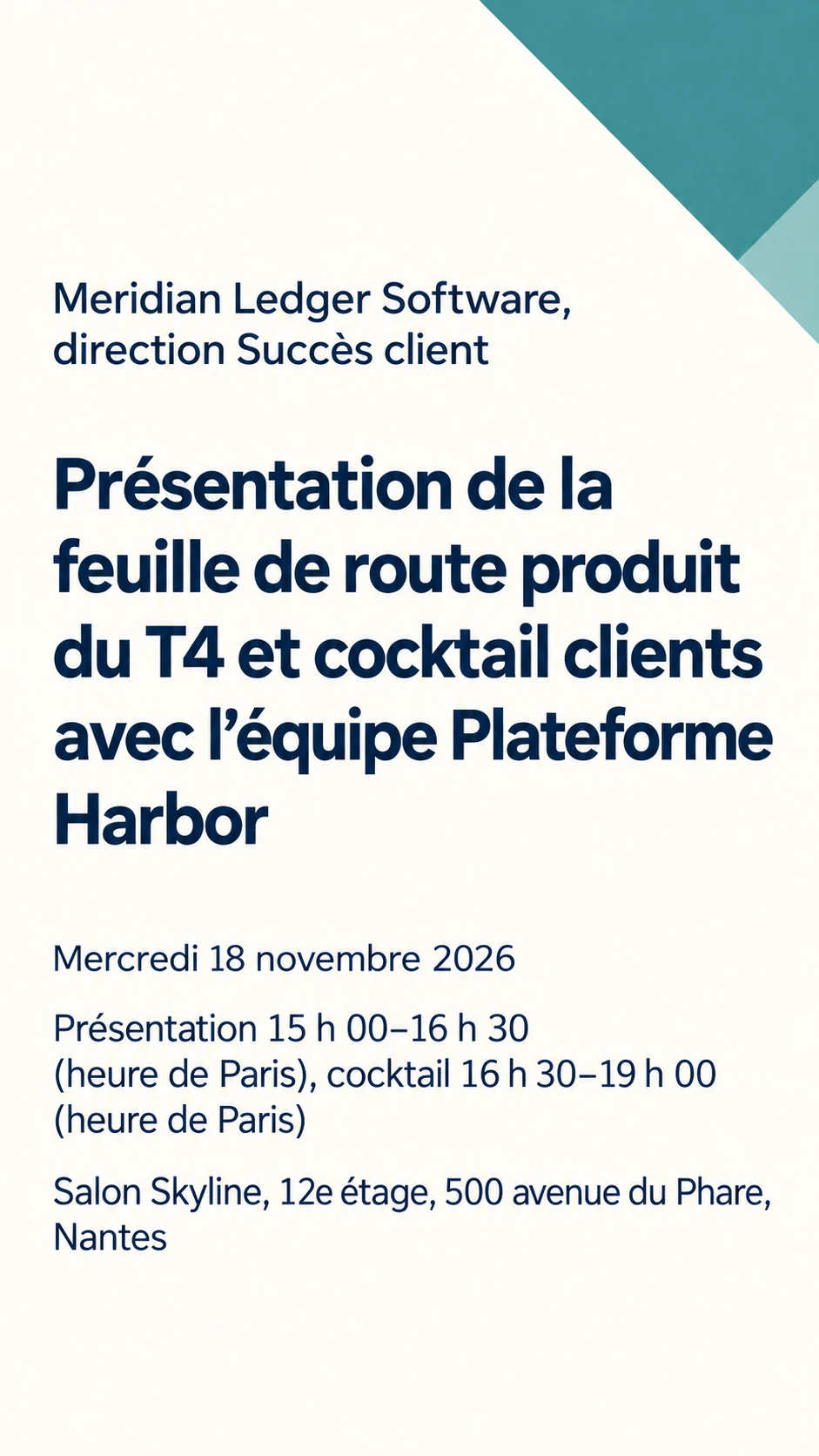 Invitation à un événement d’entreprise ou à un dîner : Long intitulé présentation et cocktail avec fuseau horaire, sans dress code ni réponse