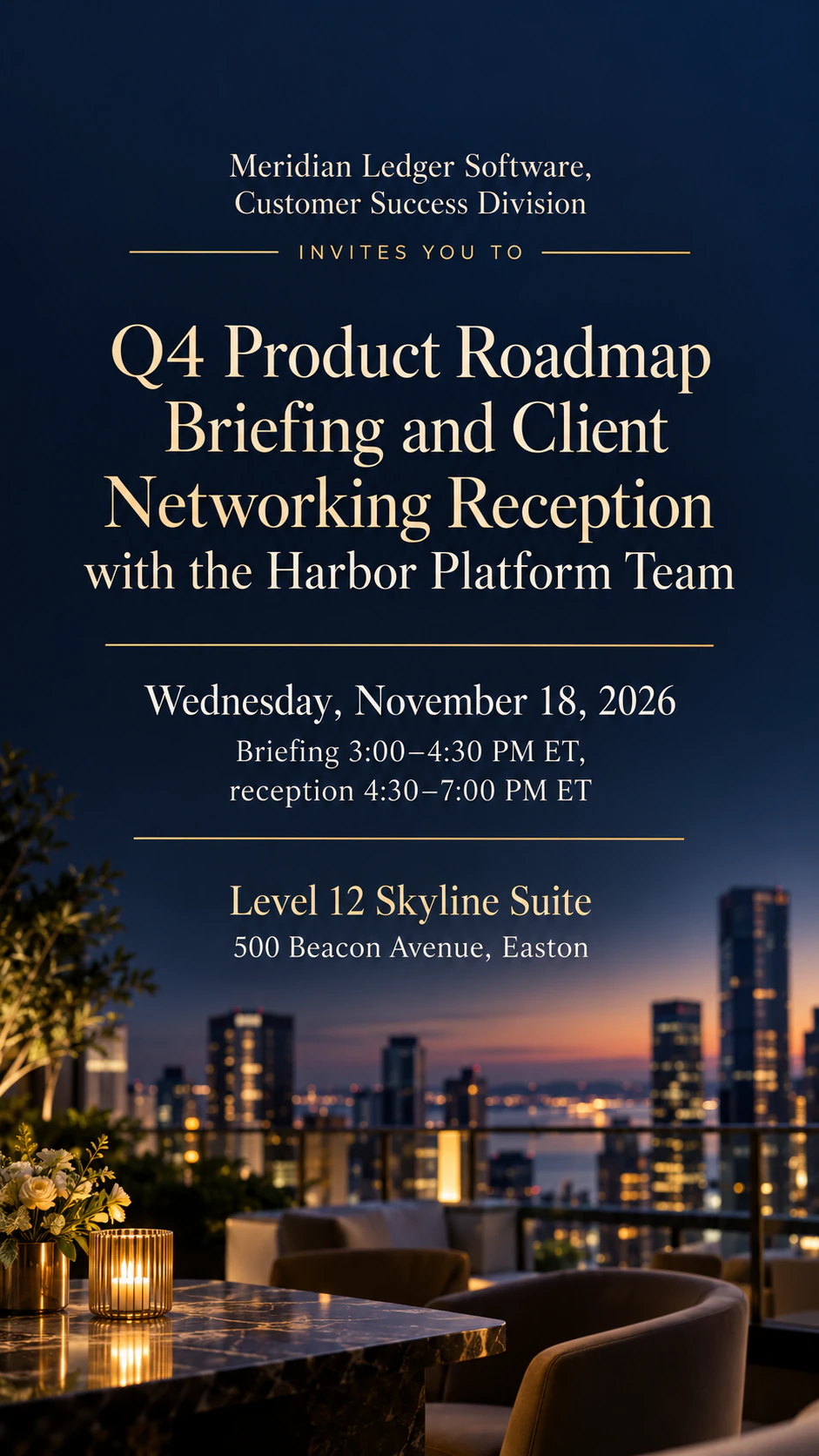Corporate event or dinner invitation: Long launch-and-reception name with a time zone, no dress code or reply line