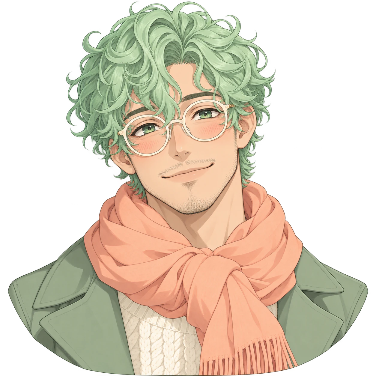 Cute anime boy profile picture: Mint curls and peach scarf