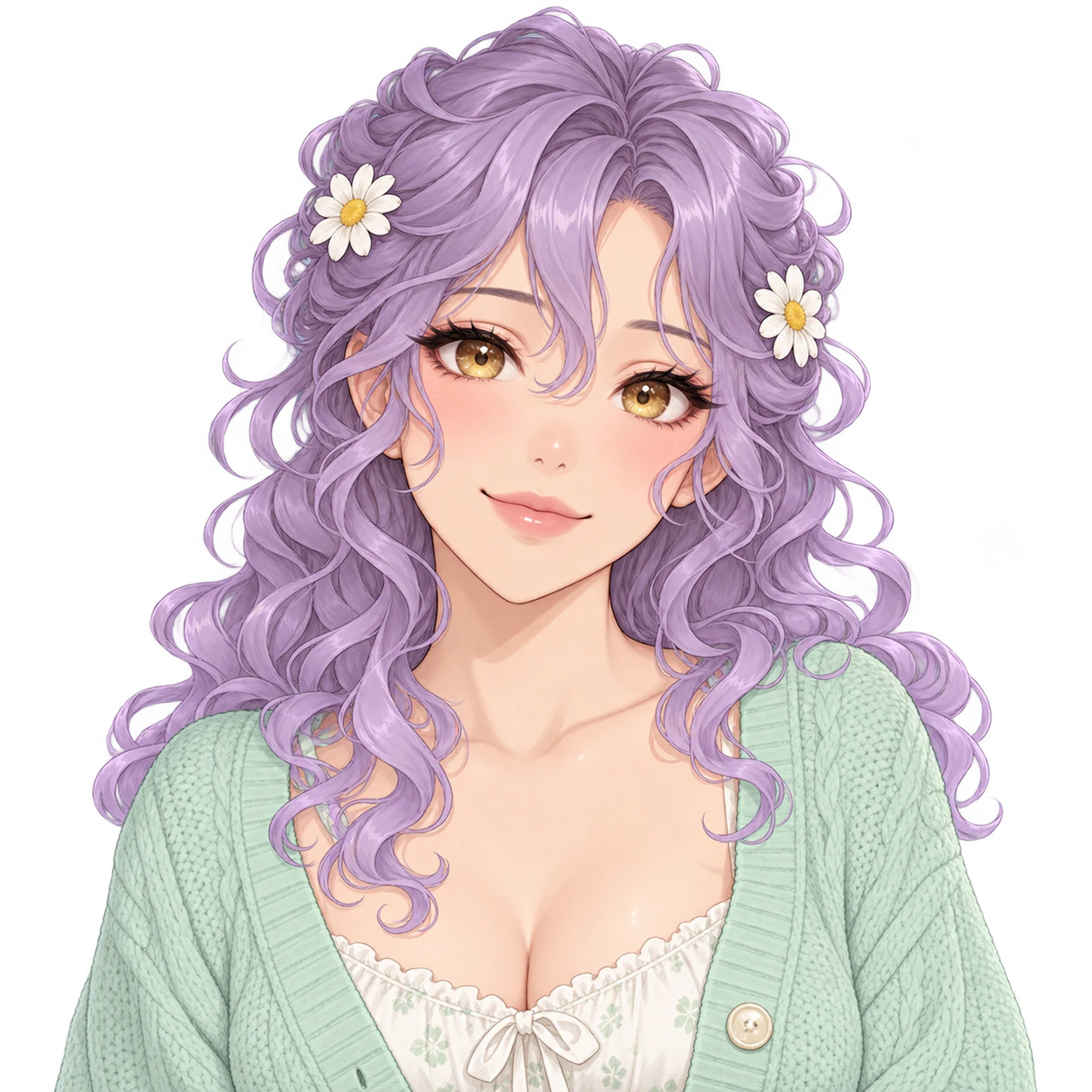 Cute anime girl profile picture: Lilac curls and daisy clips