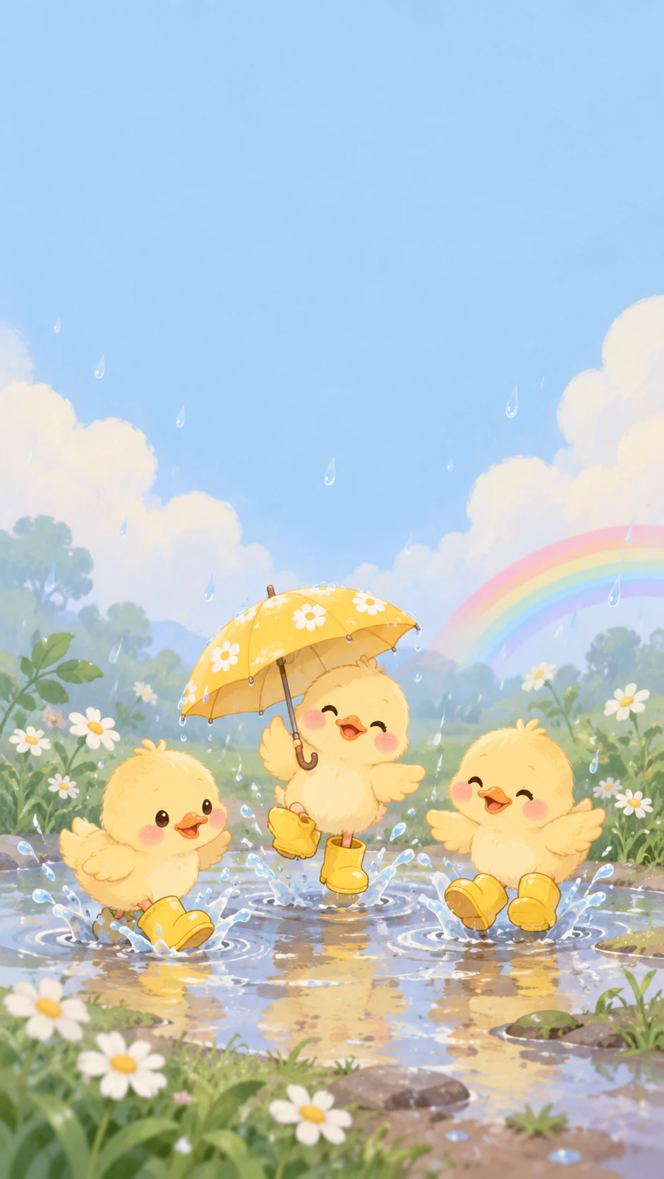 Cute phone lock screen with room for the clock: Busy scene with three characters and no color direction