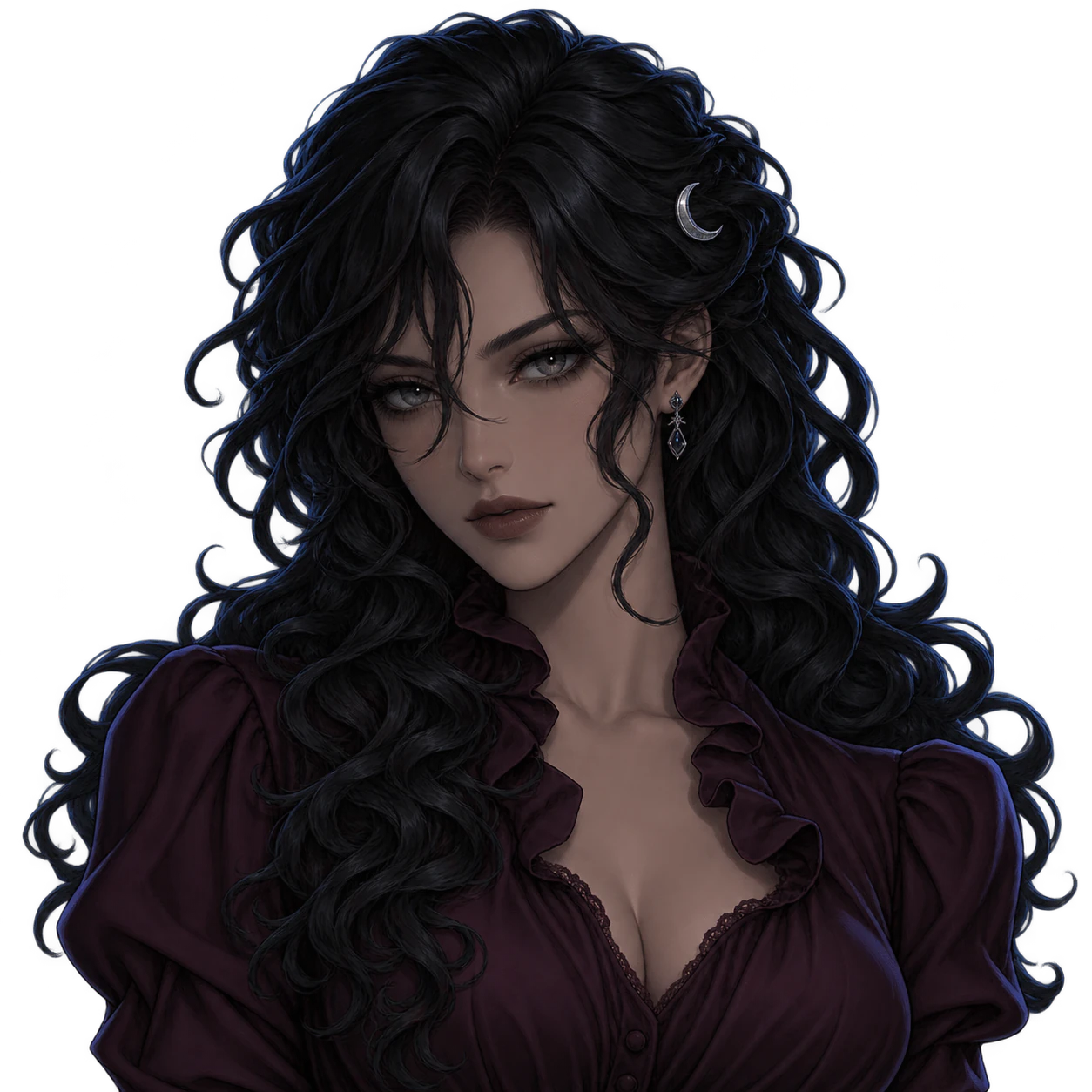 Dark anime profile picture: Black curls and silver crescent pin
