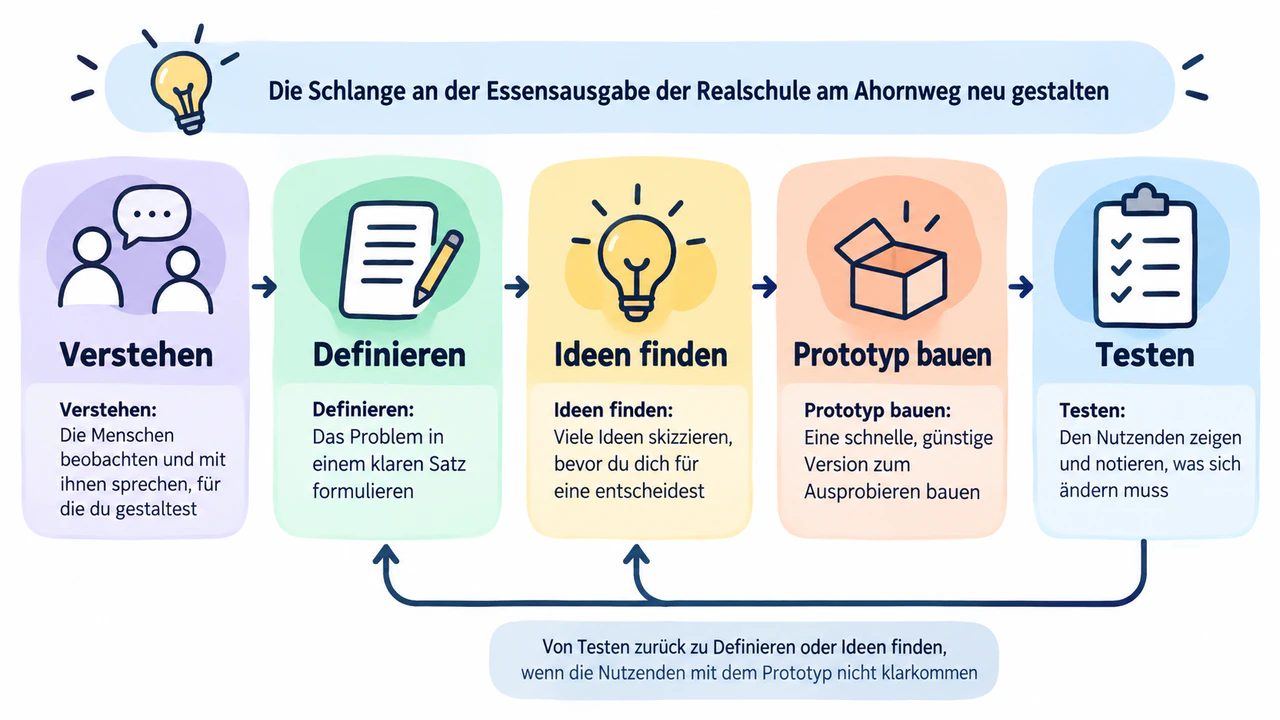 Beispiel: Infografik zu den Phasen des Design Thinking für den Unterricht