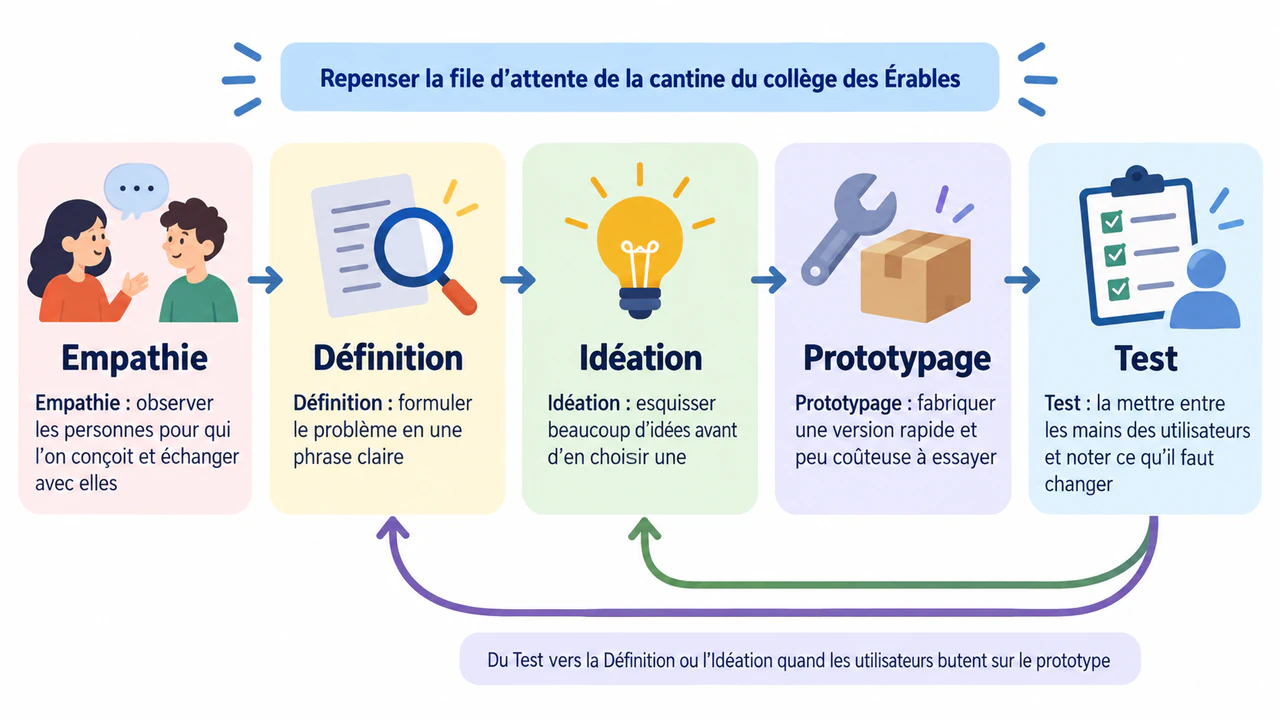 Exemple : Infographie des étapes du design thinking pour enseigner