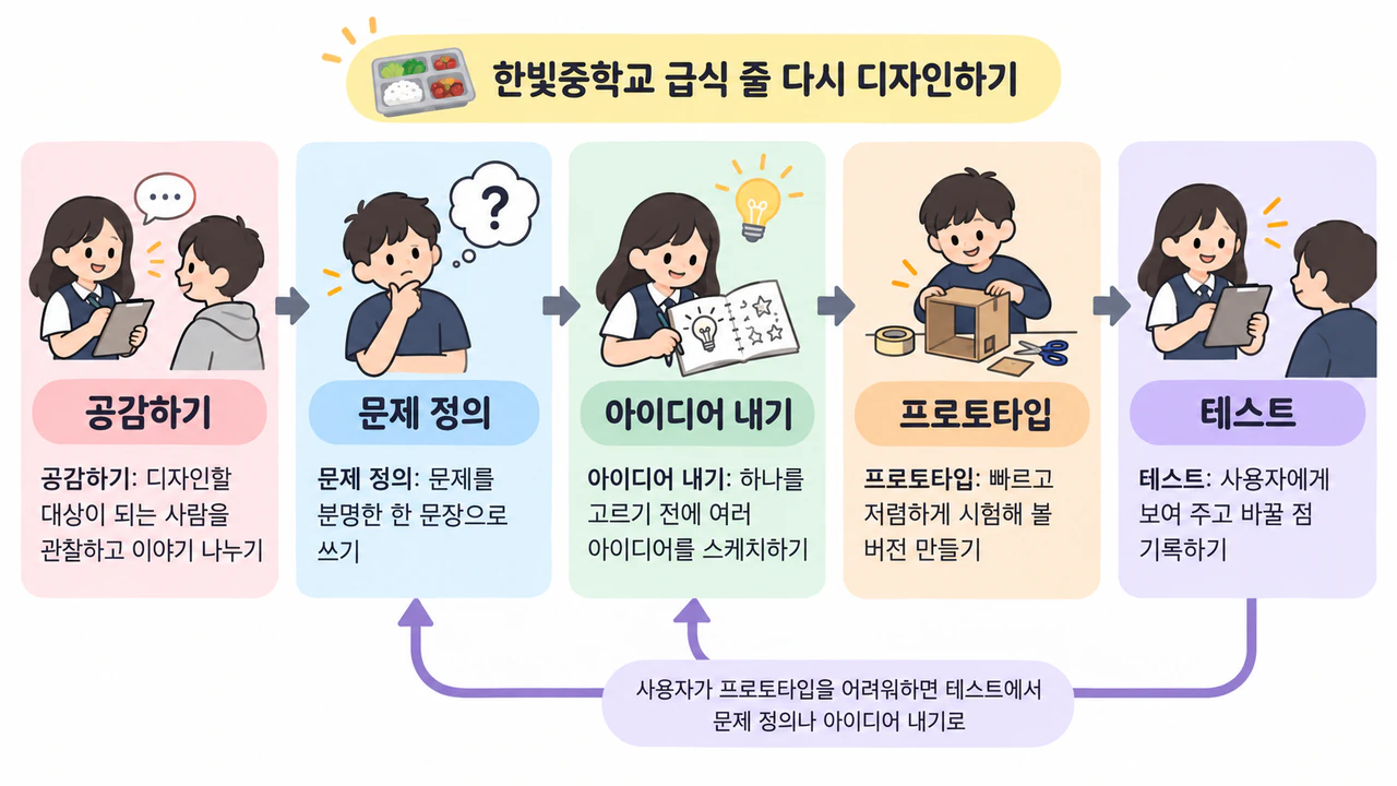 수업용 디자인 씽킹 단계 인포그래픽 예시