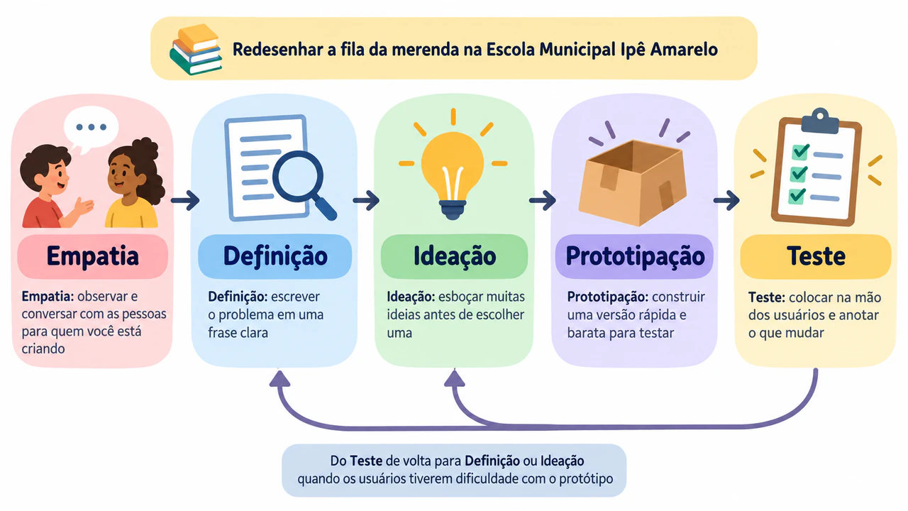 Exemplo de Infográfico das etapas do design thinking para ensinar