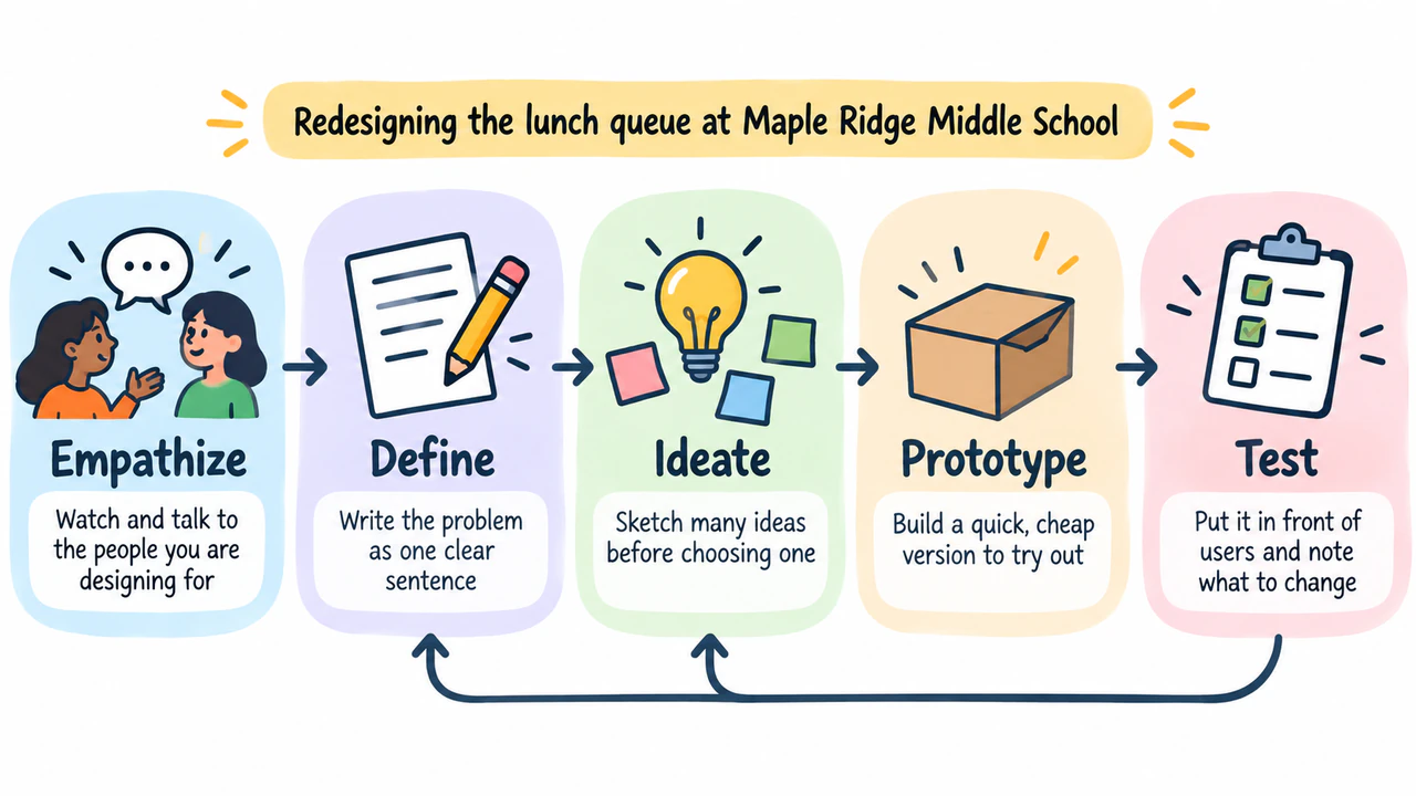 Design thinking stages infographic for teaching example
