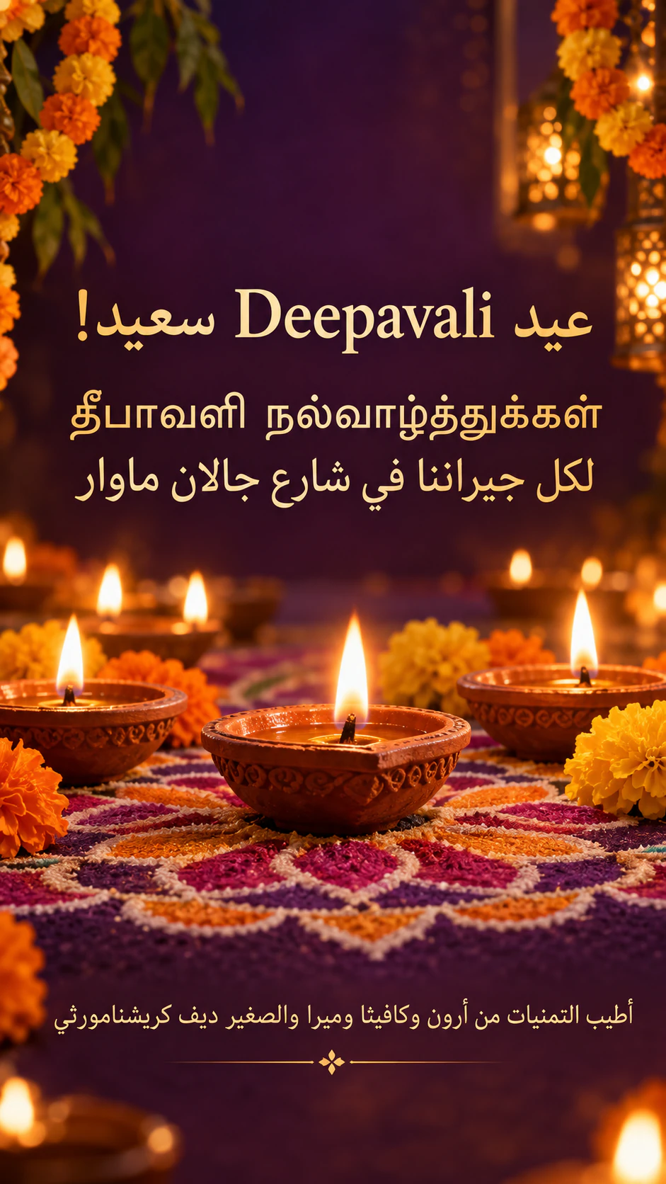 تهنئة Deepavali بمصابيح ديا مضيئة: تهنئة عربية وتاميلية بتوقيع طويل دون ألوان أو زخرفة