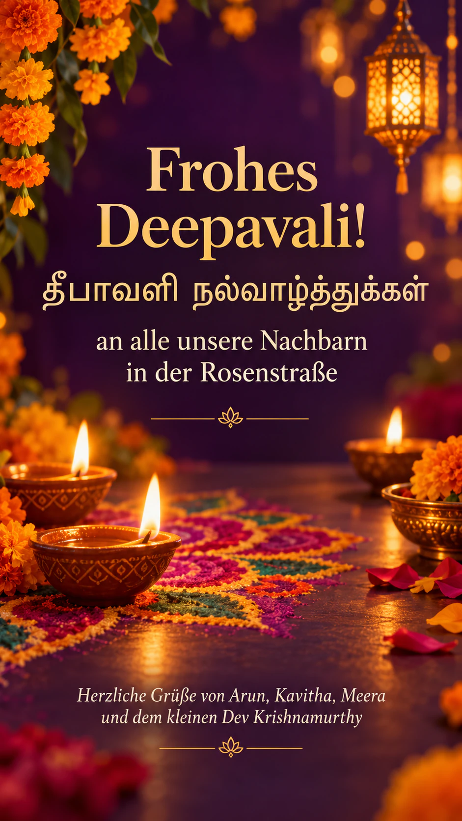 Deepavali-Grußbild mit leuchtenden Diyas: Gruß auf Deutsch und Tamil mit langer Unterschrift, ohne Palette oder Motiv