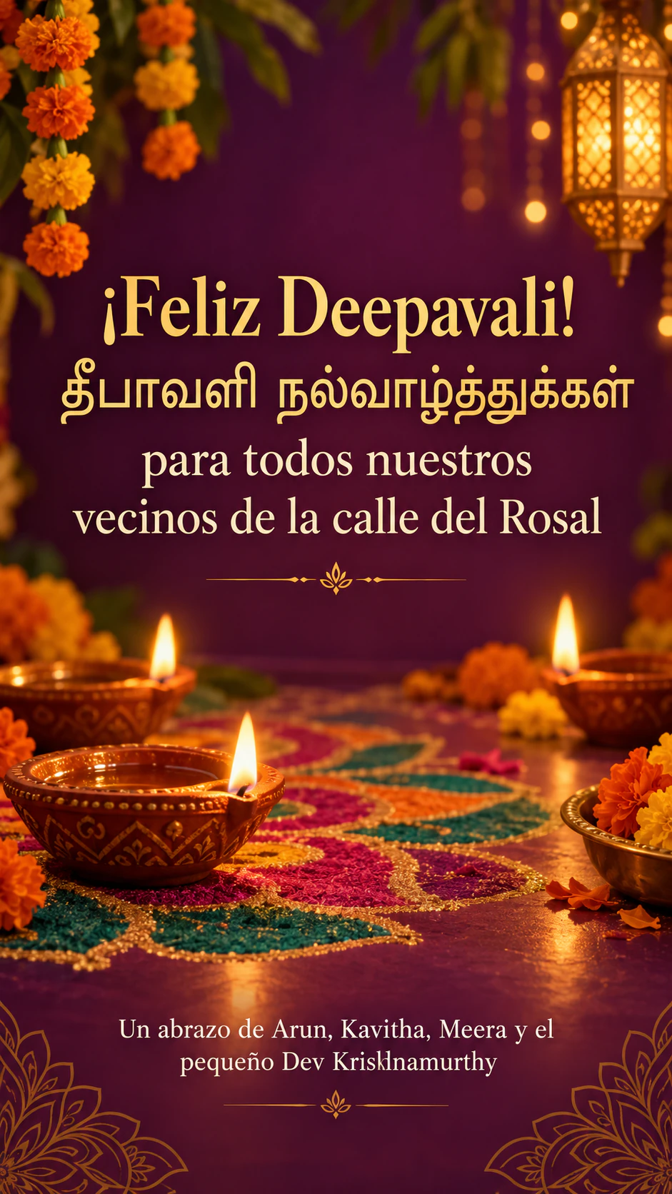 Felicitación de Deepavali con diyas encendidas: Felicitación en español y tamil con una firma larga, sin paleta ni motivo