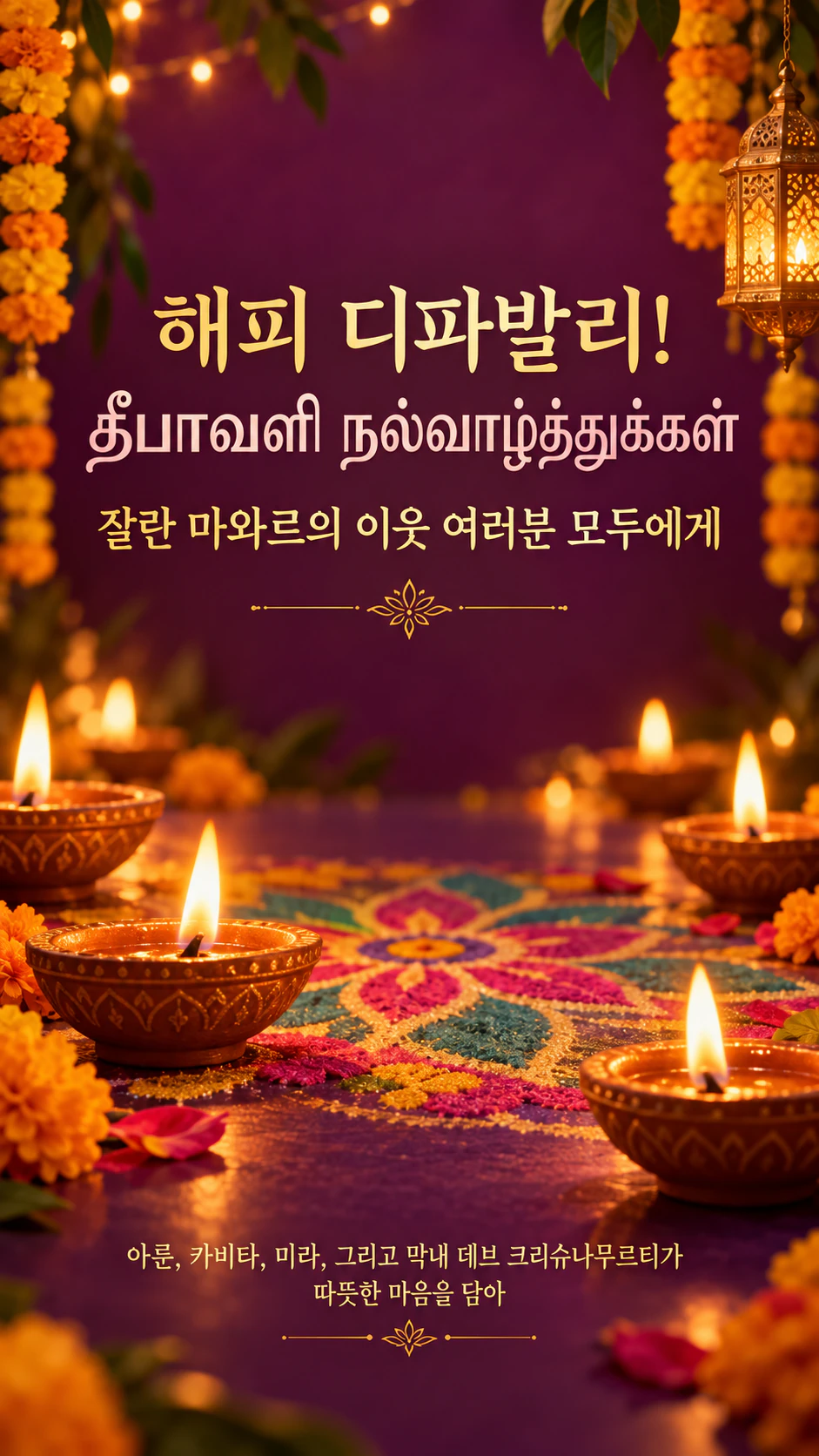 빛나는 디야 등잔을 담은 디파발리 인사 이미지: 한국어와 타밀어가 섞인 인사말과 긴 서명, 팔레트와 모티프 없음