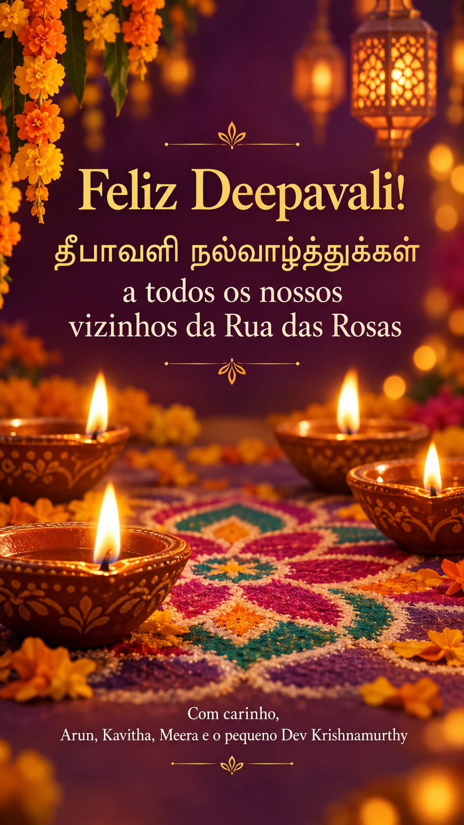 Imagem de Deepavali com diyas acesas: Mensagem em português e tâmil com assinatura longa, sem paleta nem motivo