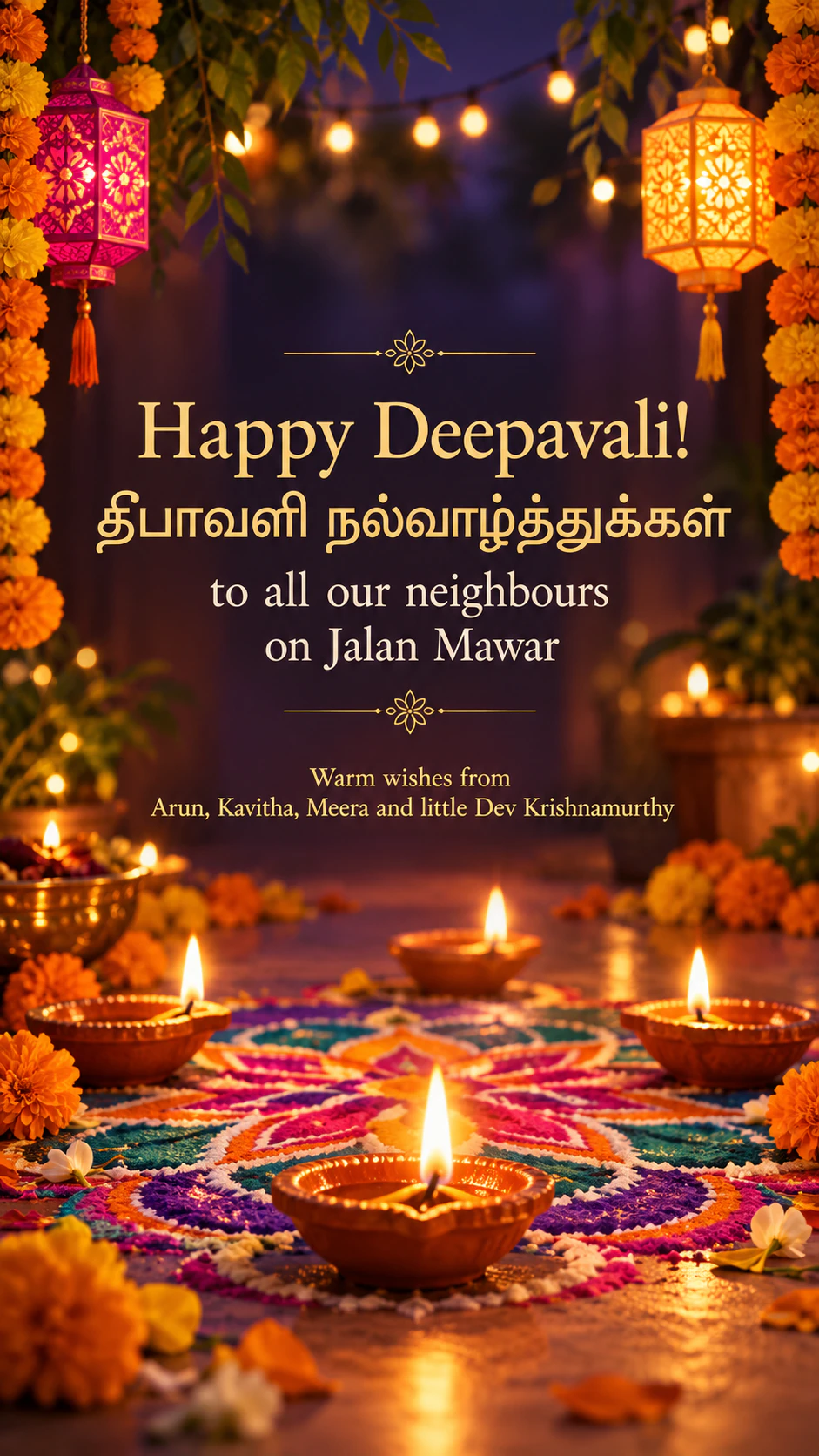 Deepavali greeting image with glowing diyas: English and Tamil greeting with a long sign-off, no palette or motif