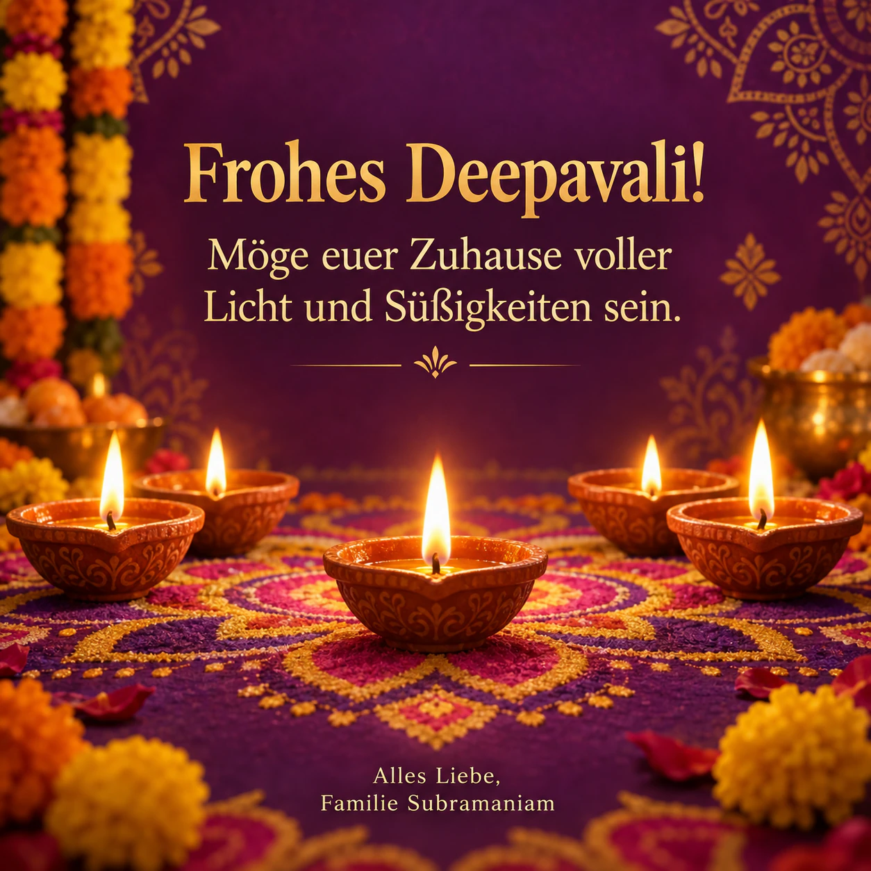 Beispiel: Deepavali-Grußbild mit leuchtenden Diyas