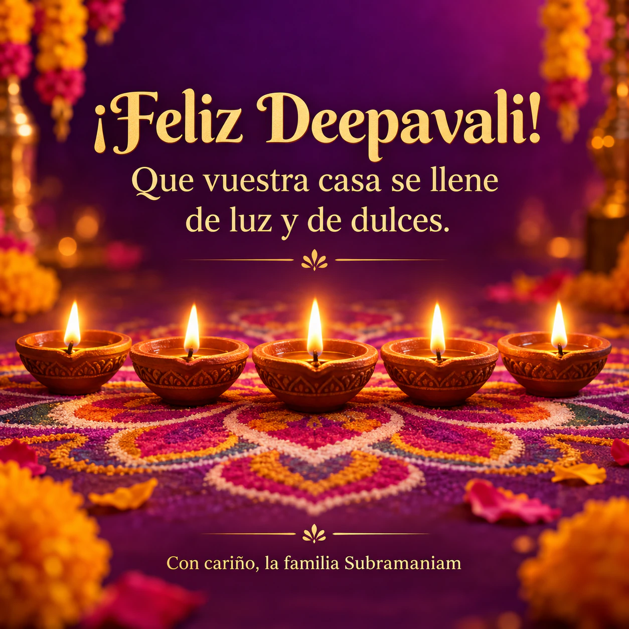 Ejemplo de Felicitación de Deepavali con diyas encendidas