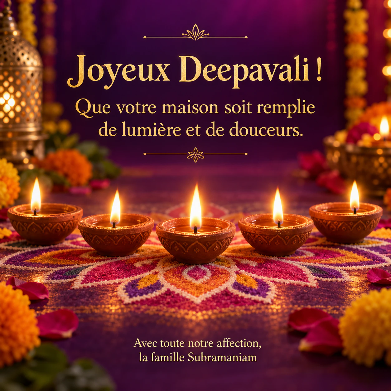 Exemple : Image de vœux de Deepavali avec des diyas lumineux
