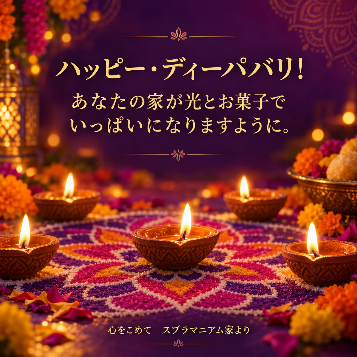 灯るディヤで彩るディーパバリのグリーティング画像の作例