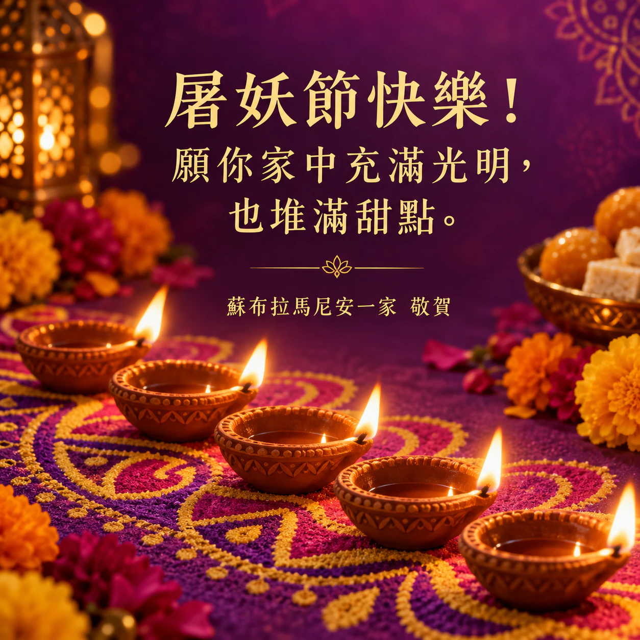 點亮油燈的屠妖節祝福圖範例
