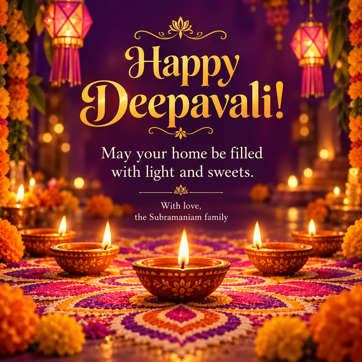 Deepavali greeting image with glowing diyas example
