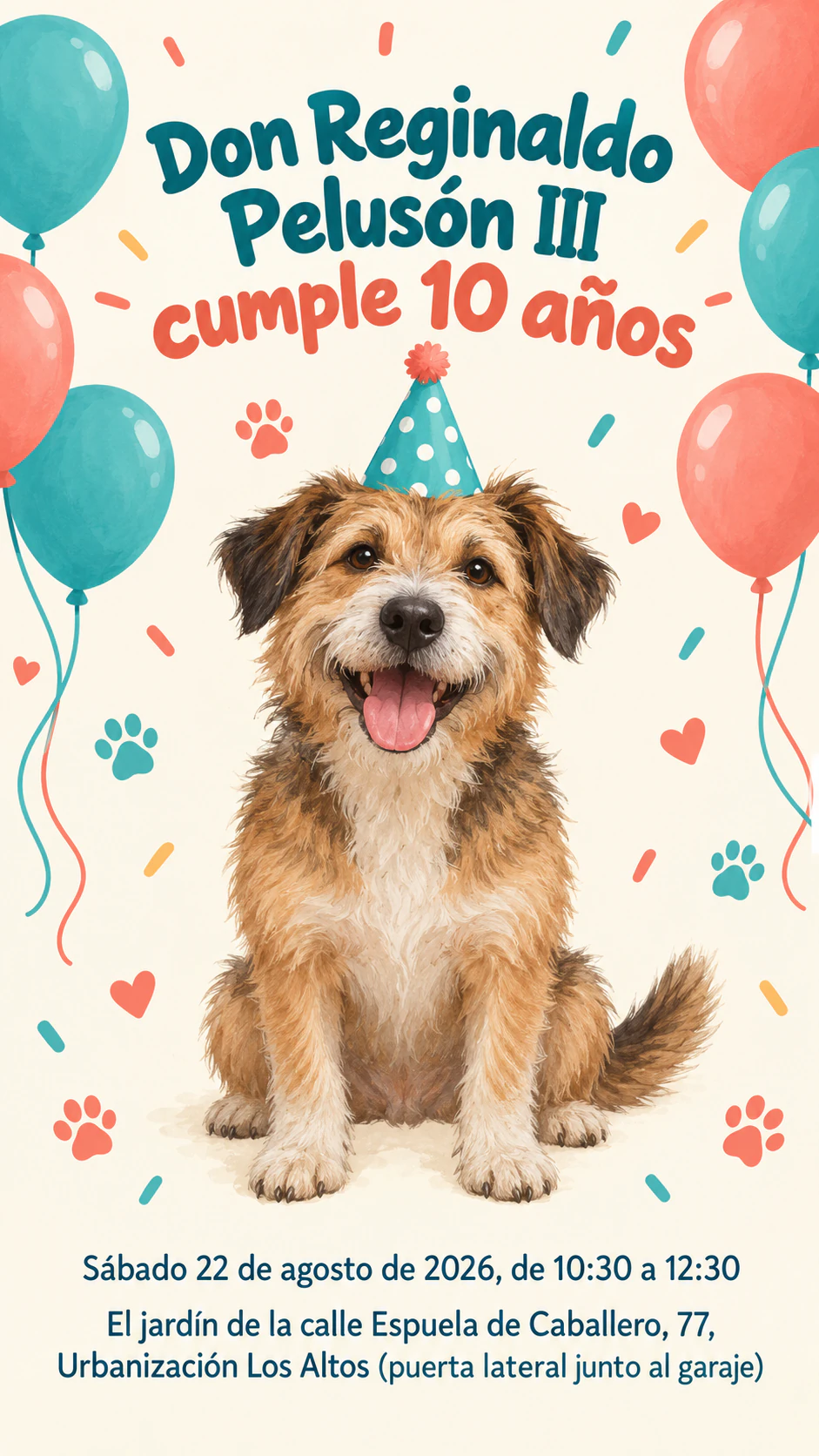 Invitación a la fiesta de cumpleaños de tu perro: Nombre de perro largo y solemne, sin foto ni descripción, en vertical