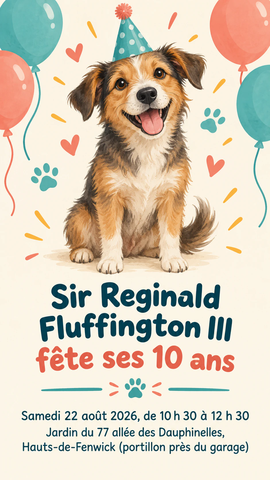 Invitation à l’anniversaire de votre chien : Nom long, sans photo ni description, format vertical