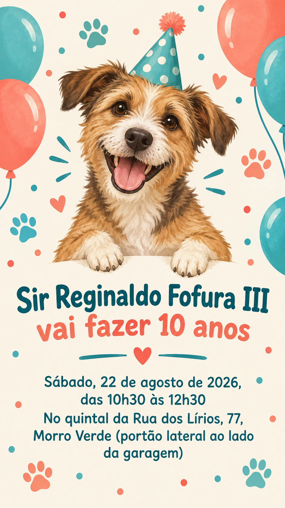 Convite de festa de aniversário de cachorro: Nome de cachorro longo e pomposo, sem foto e sem descrição, vertical