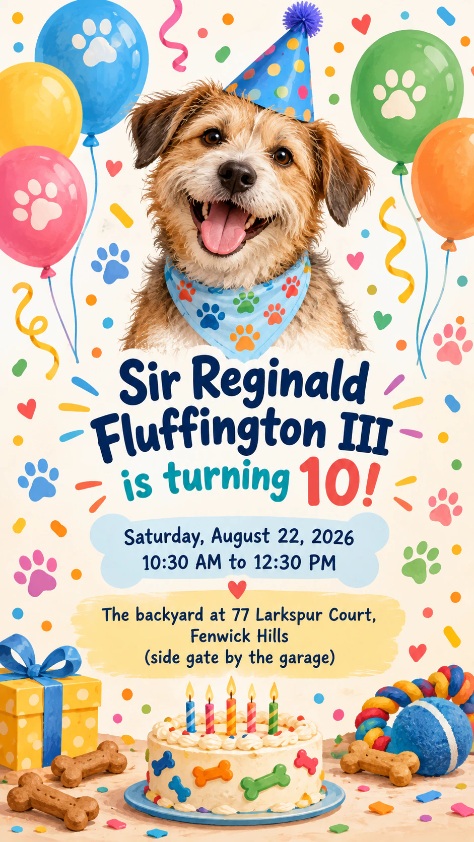 Dog birthday party invitation: Long formal dog name, no photo and no description, tall