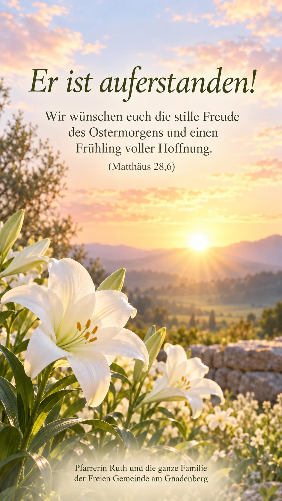 Osterkarte mit Hasen, Frühlingsblumen oder Lilien: Christlicher Ostergruß mit Bibelstelle und langem Absender einer Gemeinde