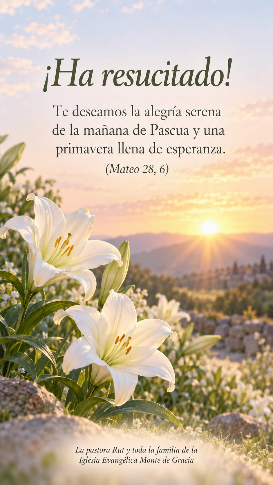 Tarjeta de Pascua con conejitos, flores de primavera o lirios: Felicitación religiosa con cita bíblica y una firma de iglesia larga