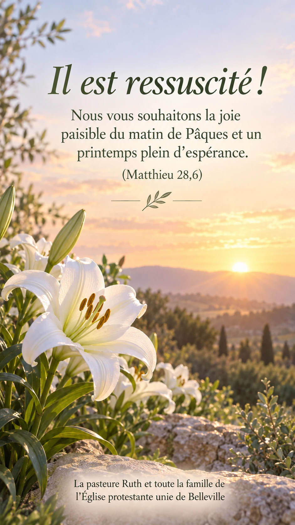 Carte de Pâques avec lapins, fleurs de printemps ou lys : Message de foi avec une référence biblique et une longue signature paroissiale