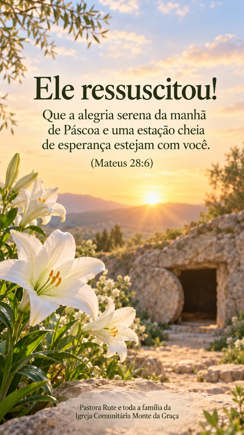Cartão de Páscoa com coelhinho, flores da estação ou lírios: Mensagem de fé com referência bíblica e assinatura longa de igreja