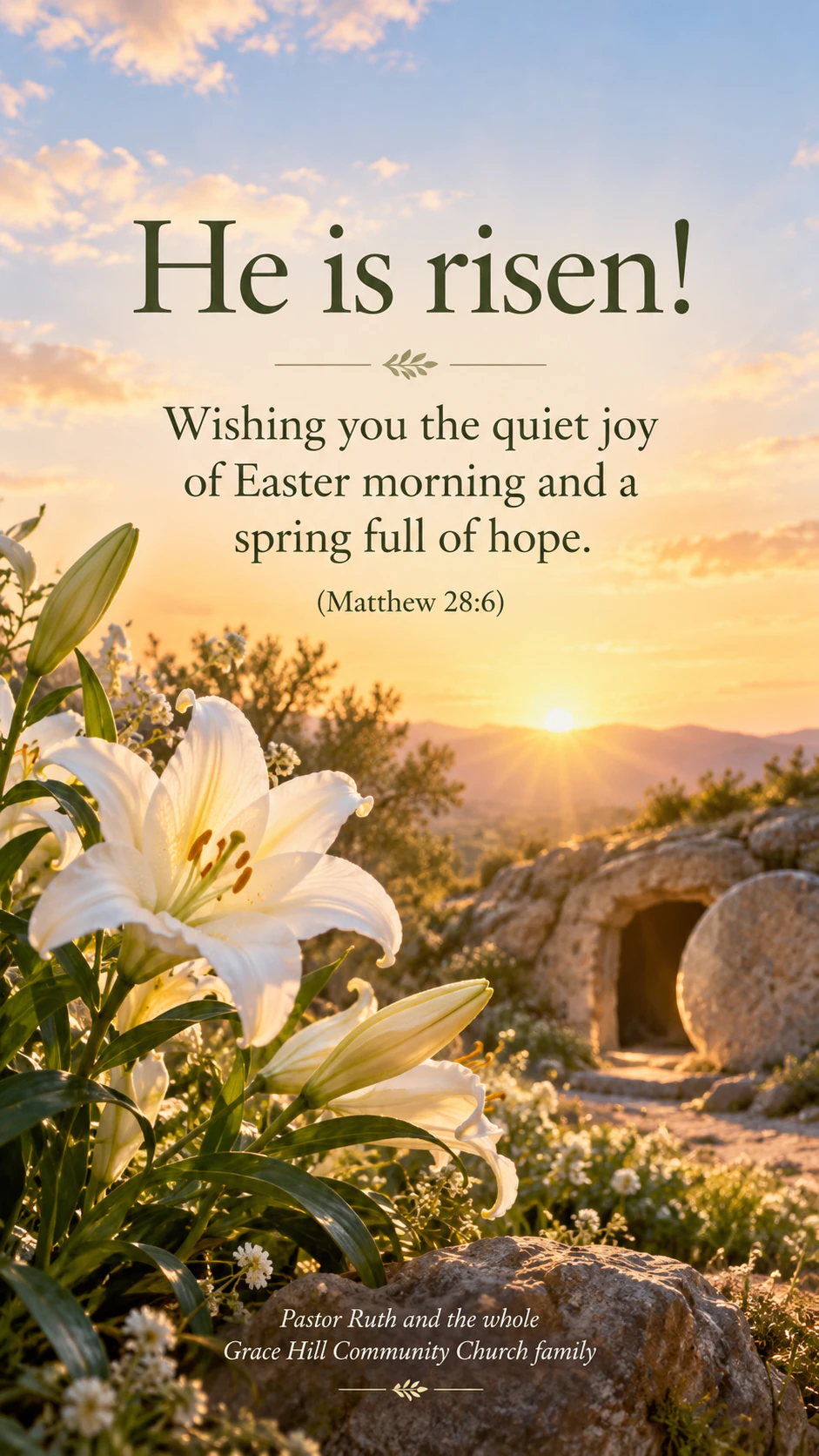 Easter card with bunnies, spring flowers or lilies: Faith greeting with a verse reference and a long church sign-off