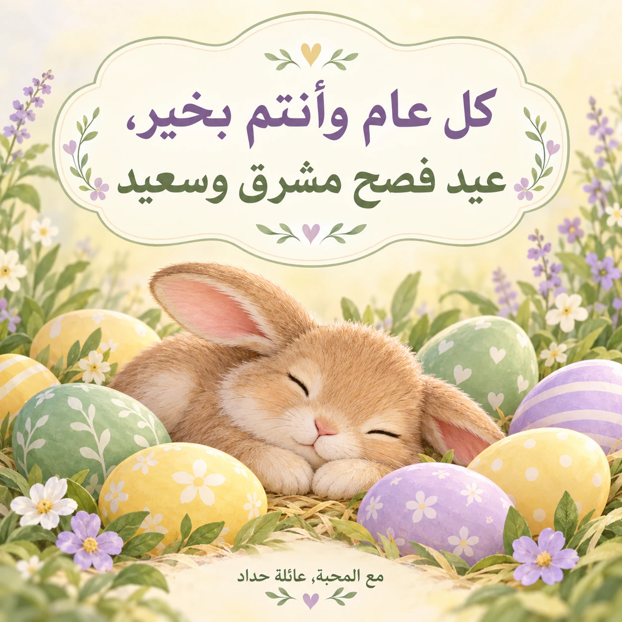 مثال على بطاقة عيد الفصح بالأرانب أو زهور الربيع أو الزنابق