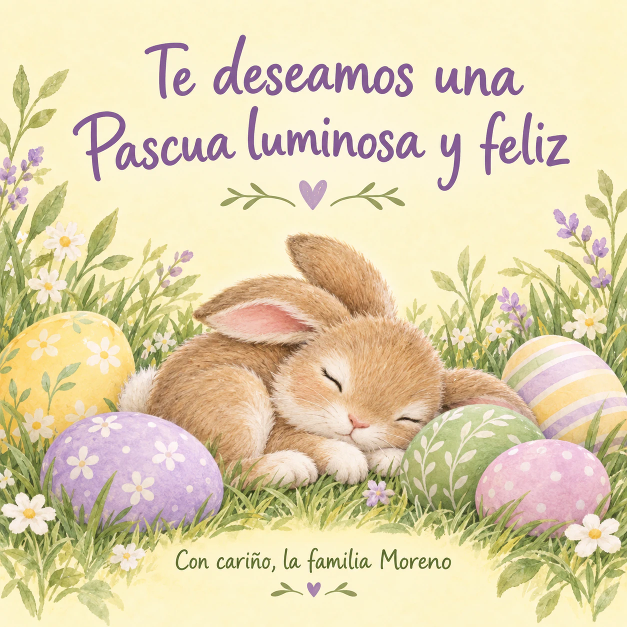 Ejemplo de Tarjeta de Pascua con conejitos, flores de primavera o lirios