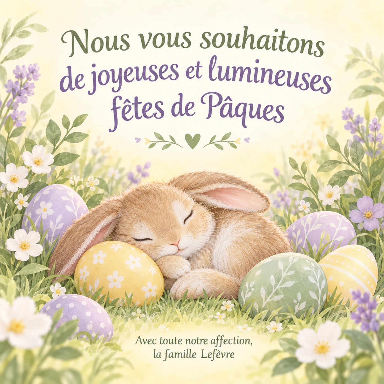 Exemple : Carte de Pâques avec lapins, fleurs de printemps ou lys