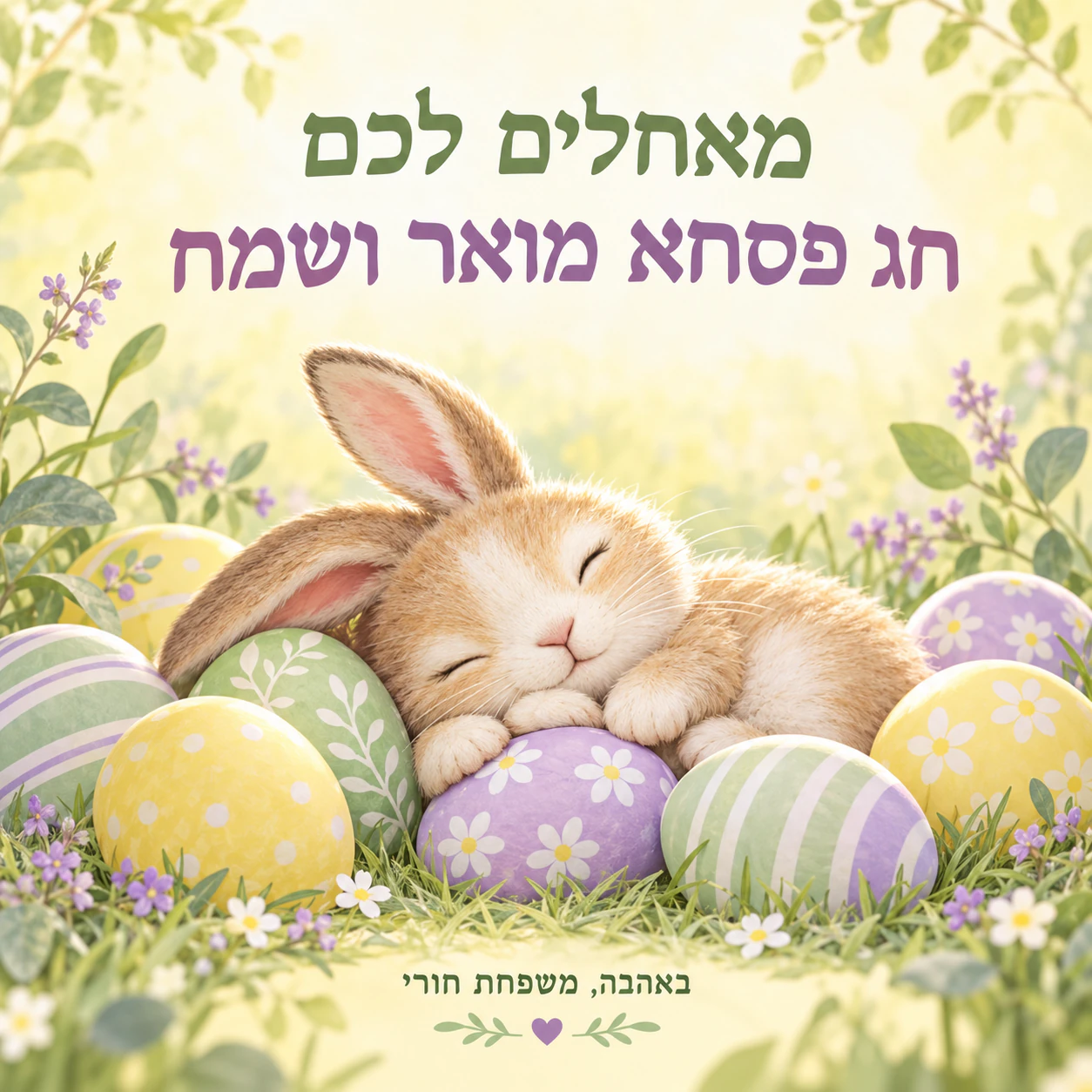 דוגמה: כרטיס ברכה לפסחא עם ארנבונים, פרחי אביב או חבצלות