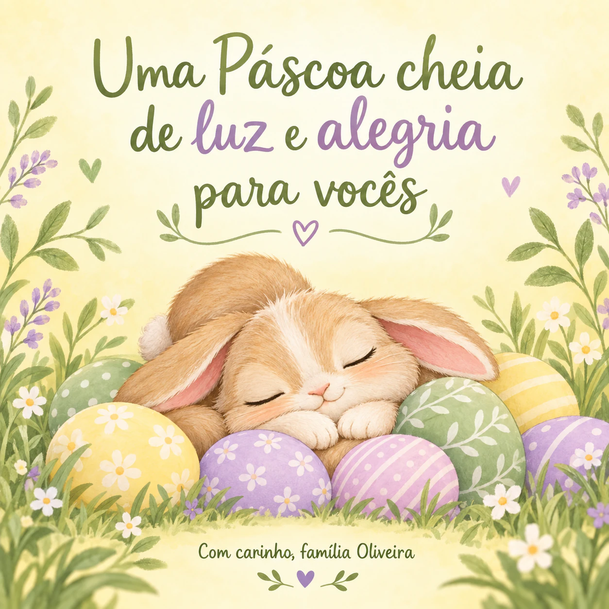 Exemplo de Cartão de Páscoa com coelhinho, flores da estação ou lírios