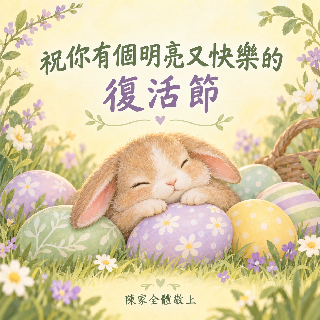復活節卡片:兔子彩蛋、春日花卉或清晨百合範例