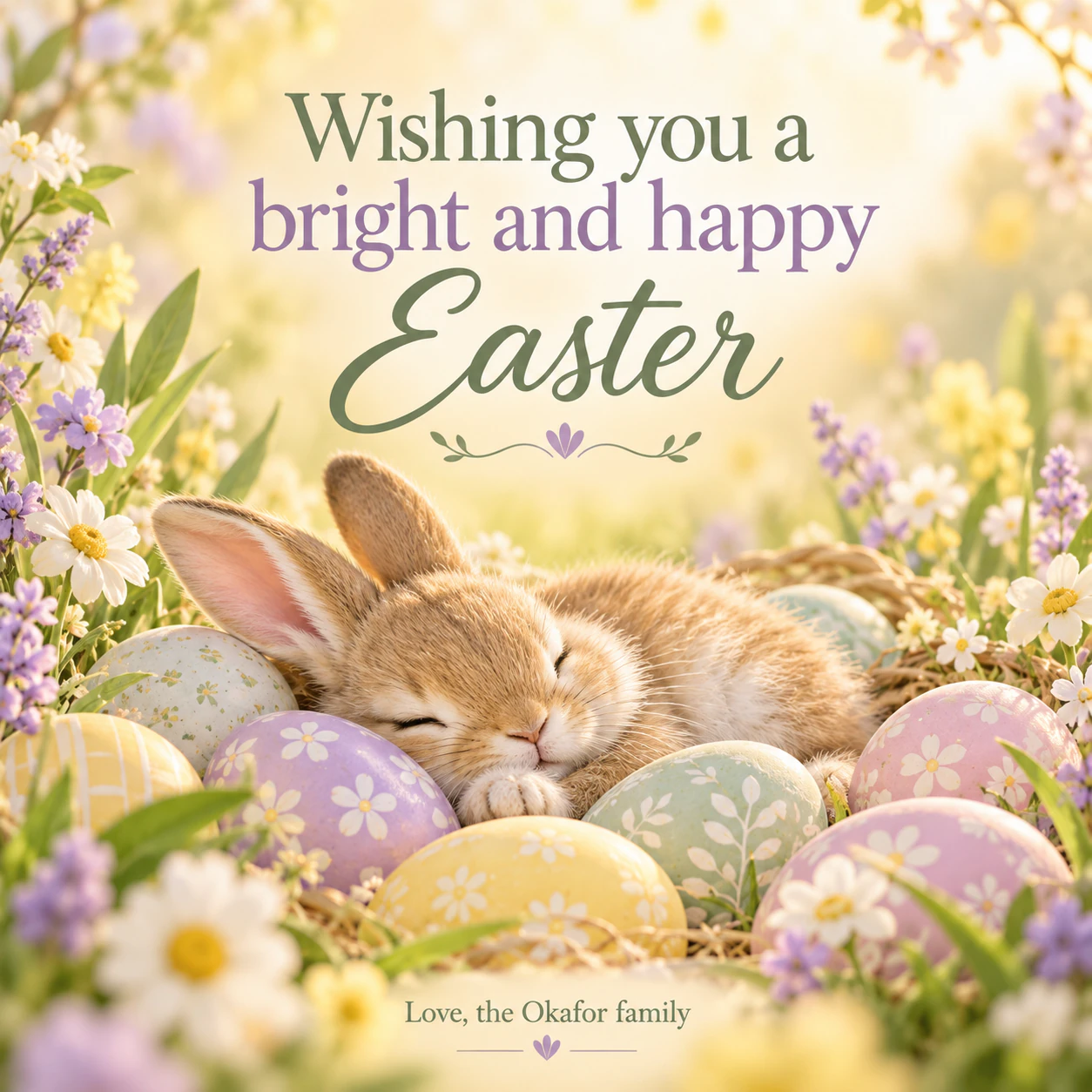 Easter card with bunnies, spring flowers or lilies example